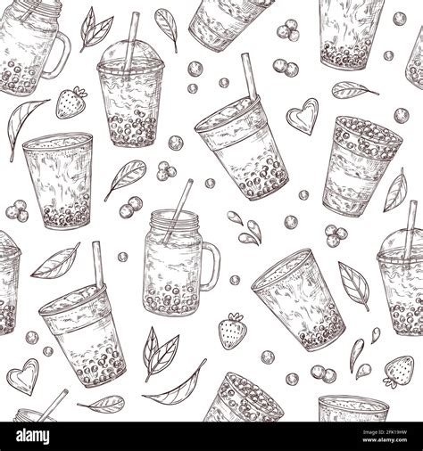 Boba Tea Pattern Asian Drinks Background Bubble Milk Shake Fresh