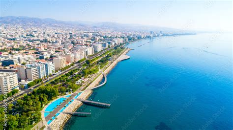 Aerial View Of Molos Promenade Park On Coast Of Limassol City Centre