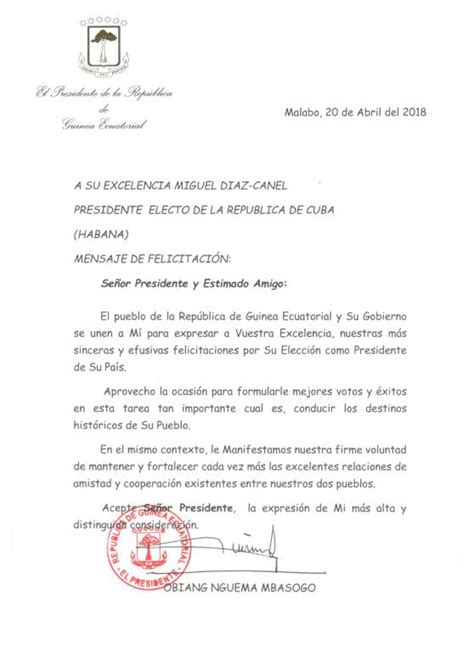 Mensaje de felicitación del presidente Teodoro Obiang Nguema Mbasogo al