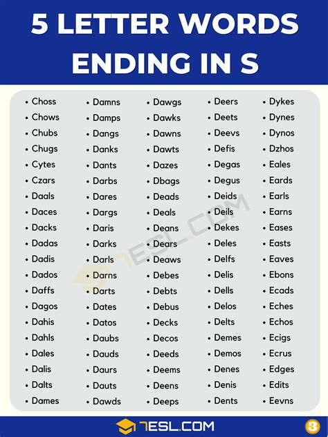 5 Letter Words Ending in S (3500+ English Words) • 7ESL
