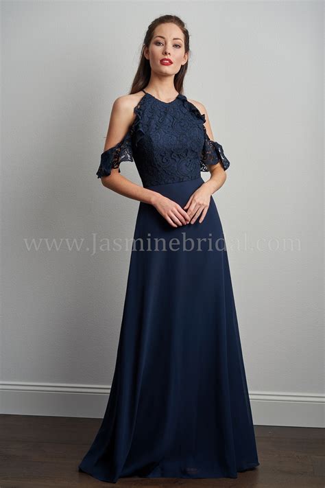 P206061 Halter Neckline Lace And Georgette Long Bridesmaid Dress