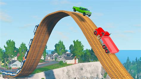 Cars Jumping On Loop Bridge Cars Vs Deep River Beamng Drive Youtube