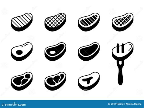 Steak Silhouette Icons Set Outline Beef With Bone Fat Grill Strips