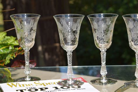 4 Vintage Floral Etched Wine Glasses Rock Sharpe Circa 1940s Antique Etched Wine Glasses