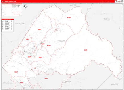 Tuolumne County CA Zip Code Wall Map Red Line Style By MarketMAPS