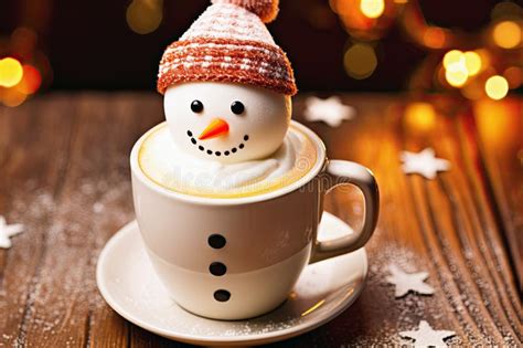 Cup Of Coffee Or Hot Chocolate With Melted Marshmallow Snowman Winter Cozy Hot Drink With Milk