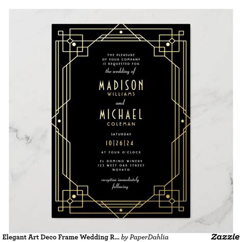 A Black And Gold Art Deco Wedding Card With The Words Elegant Art Deco