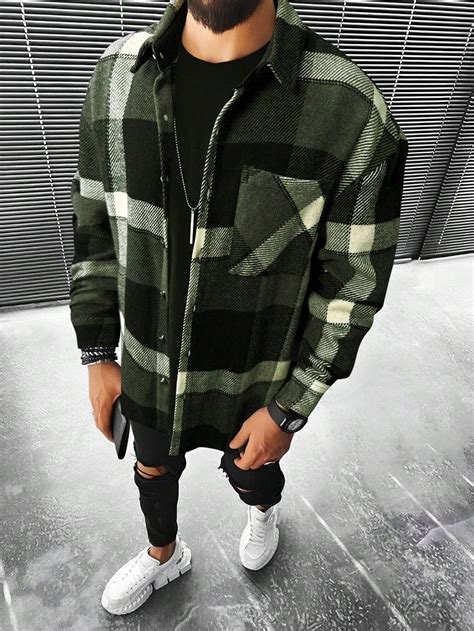 Manfinity Homme Men Plaid Print Pocket Patched Drop Shoulder Coat