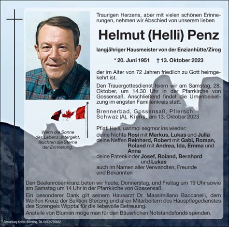 Traueranzeigen Von Helmut Penz Trauer Bz