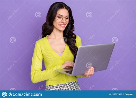 Photo Of Optimistic Nice Brunette Curly Lady Hold Laptop Wear