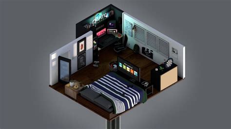 Isometric Render Of My Bedroomoffice Space Isometric Bedroom Office