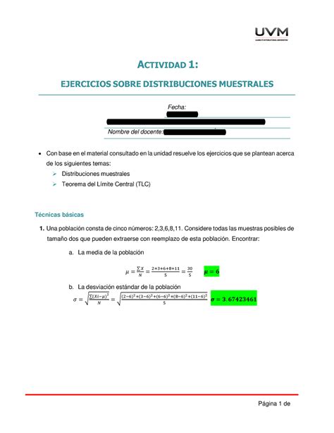 A1 Actividad 1 Página 1 De Actividad 1 Ejercicios Sobre Distribuciones Muestrales Fecha 22