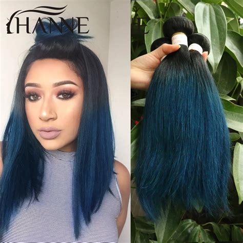 Straight Brazilian dark roots blue ends human hair 3pcs remy hair blue ombre weave 2 tone ombre ...