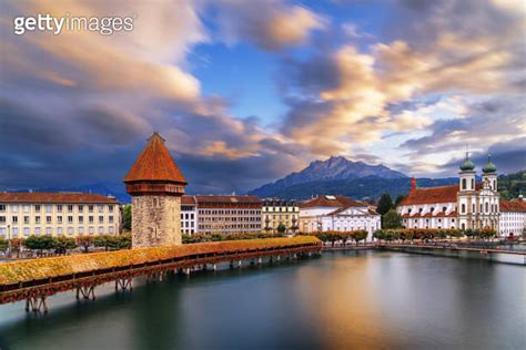 Lucern Switzerland With The Chapel Bridge Over The River Reuss