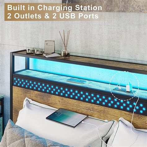 Full Size LED Bed Frame with Storage Headboard and Charging Outlets ...