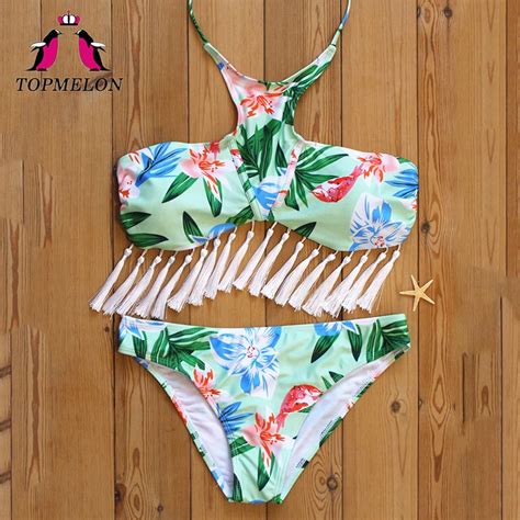 TOPMELON Swimsuit Mini Micro Bikini Swimwear Women Sexy Push Up Tassel