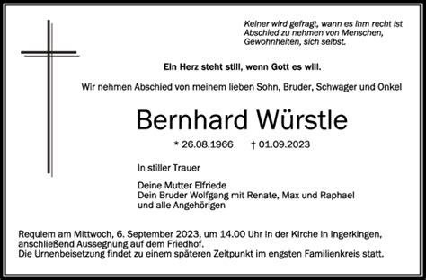 Traueranzeigen von Bernhard Würstle schwaebische de Trauerportal