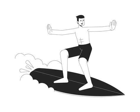 Surfer Man On Wave Bw Vector Spot Illustration Asian Male With Surfing