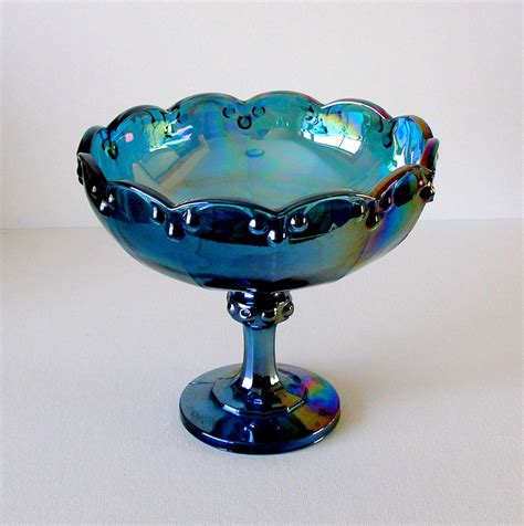 Vintage Blue Carnival Glass Pedestal Bowlcompote Teardrop Etsy