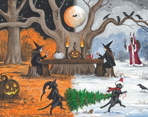 X Samhain Ryta Print Halloween Christmas Black Cat Witch Pumpkin