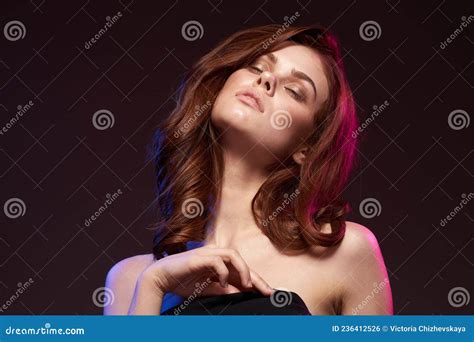 Beautiful Woman Makeup Posing Naked Shoulders Hairstyle Dark Background Stock Photo Image Of