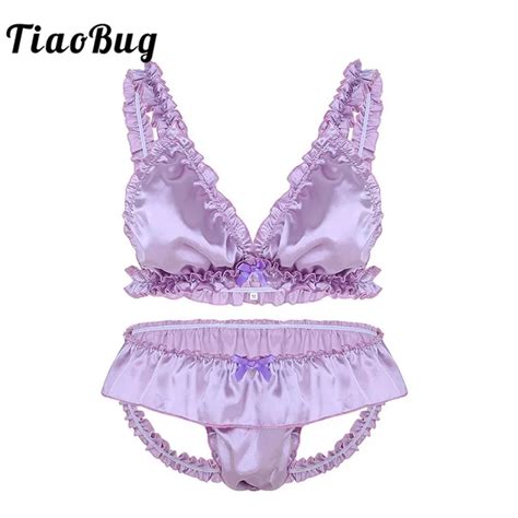 TiaoBug Men Soft Satin Elastic Ruffle Crossdressing Sissy Lingerie Set Hot Sexy Men Bra Top Open
