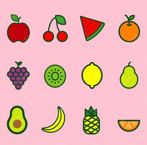 Colección De Doce Frutas Diferentes íconos De Frutas Vector Premium