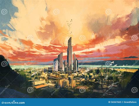 Futuristic Sci Fi City With Skyscraper Stock Illustration