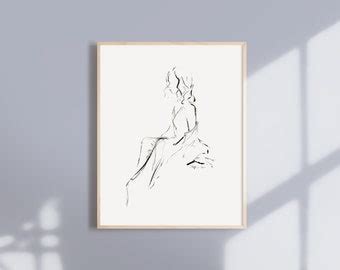 Black And White Nude Figure Outline Drawing Print Facing Etsy