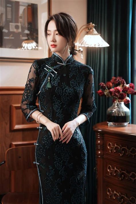 Sheng Coco New Adult Female Cheongsam Dresses Mesh Flocking Side Eight