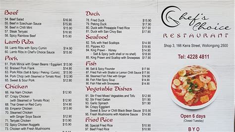 Menu At Chefs Choice Restaurant Wollongong