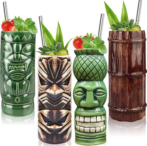 Tiki Glasses Tiki Bar Accessories Set Of 4 Tiki Mugs Large Tumblers Ceramic Cocktail Glass