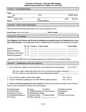 Fillable Online Uwgb MSW Admission Questionnaire 2017 2018 Fax Email