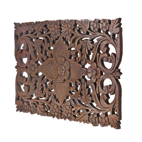 Grand Thai Hibiscus Flower Hand Carved Teak Wood Wall Art