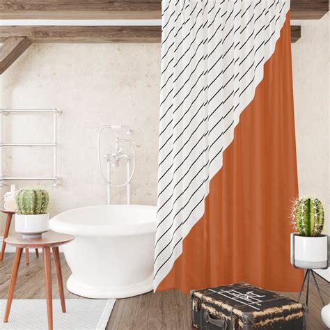 Burnt Orange Shower Curtain Striped Bath Curtain Geometric Etsy