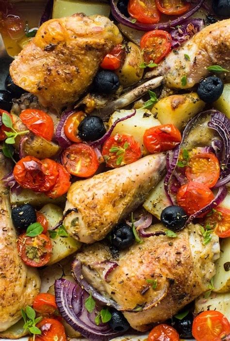 One Pan Greek Chicken Roasted Veggies A Saucy Kitchen