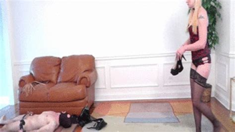Cruel Blonde Domme Ariel Mistress Ariel Tramples Slave In High Heels Shoes And In Stockings Wmv