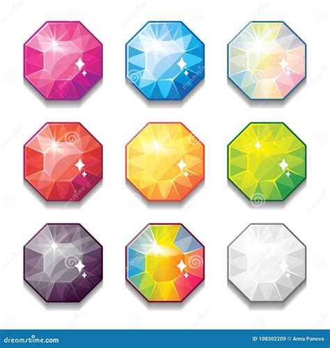 Set Of Cartoon Different Color Crystals Gemstones Diamonds Vector Gui