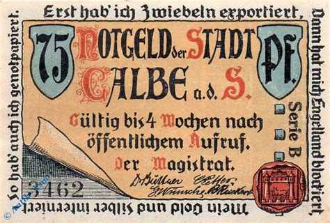 Notgeld Calbe Saale Pfennig Schein Serie Schwarz Mehl Grabowski