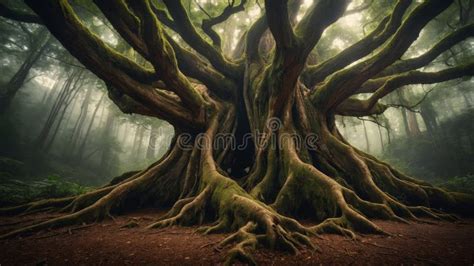 Ancient Tree With Exposed Roots In A Mystical Forest Stock Illustration