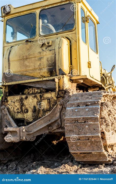 Old Dirty Yellow Crawler Bulldozer Rear View The Construction Machine