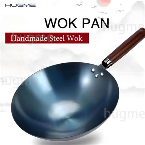 Hugme Kawali Wok Non Stick Frying Heavy Round Bottom Duty Carbon Steel