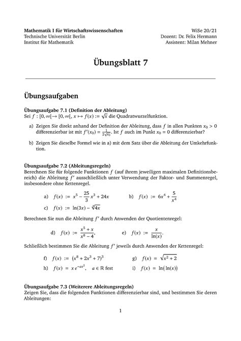 Blatt Bung Mathematik I Fur Wirtschaftswissenschaften Wise