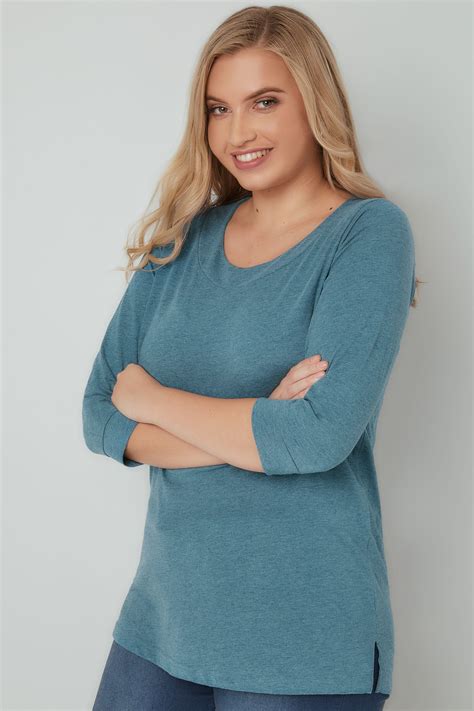 Dark Turquoise Band Scoop Neckline T Shirt With 3 4 Sleeves Plus Size