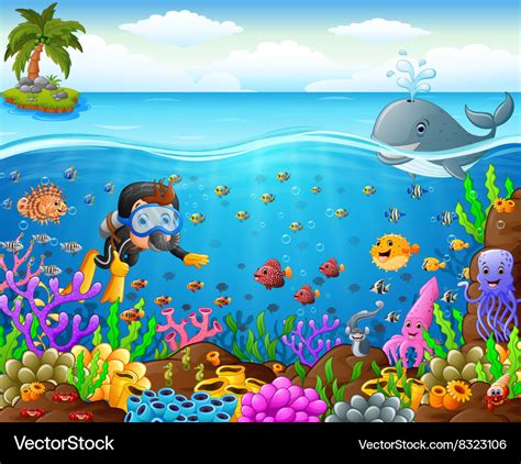 Cartoon diver under the sea Royalty Free Vector Image