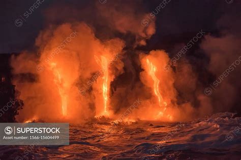 Lava From Pu U O O Eruption Flowing Into Ocean On The Kalapana Coast