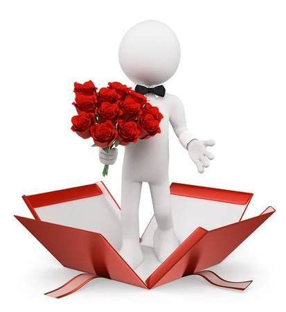 Hombre blanco 3d con un ramo de rosas que salen de un regalo. Fondo ...