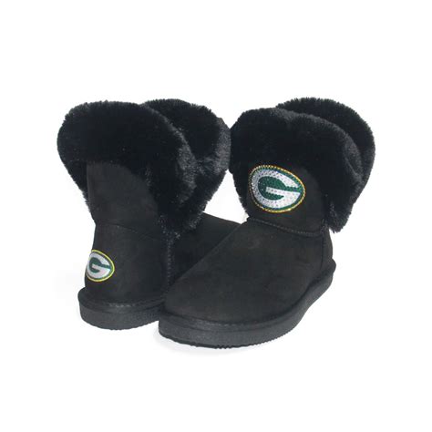 A Pair Of Black Boots With Green Bay Packers Logo