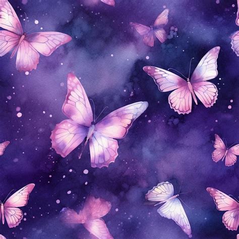 Las mariposas púrpuras en un cielo galáctico con burbujas y estrellas