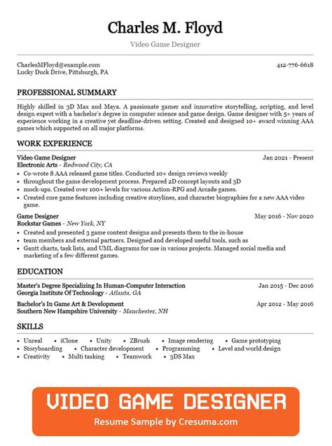 Video Game Designer Resume Example Writing Guide Cresuma